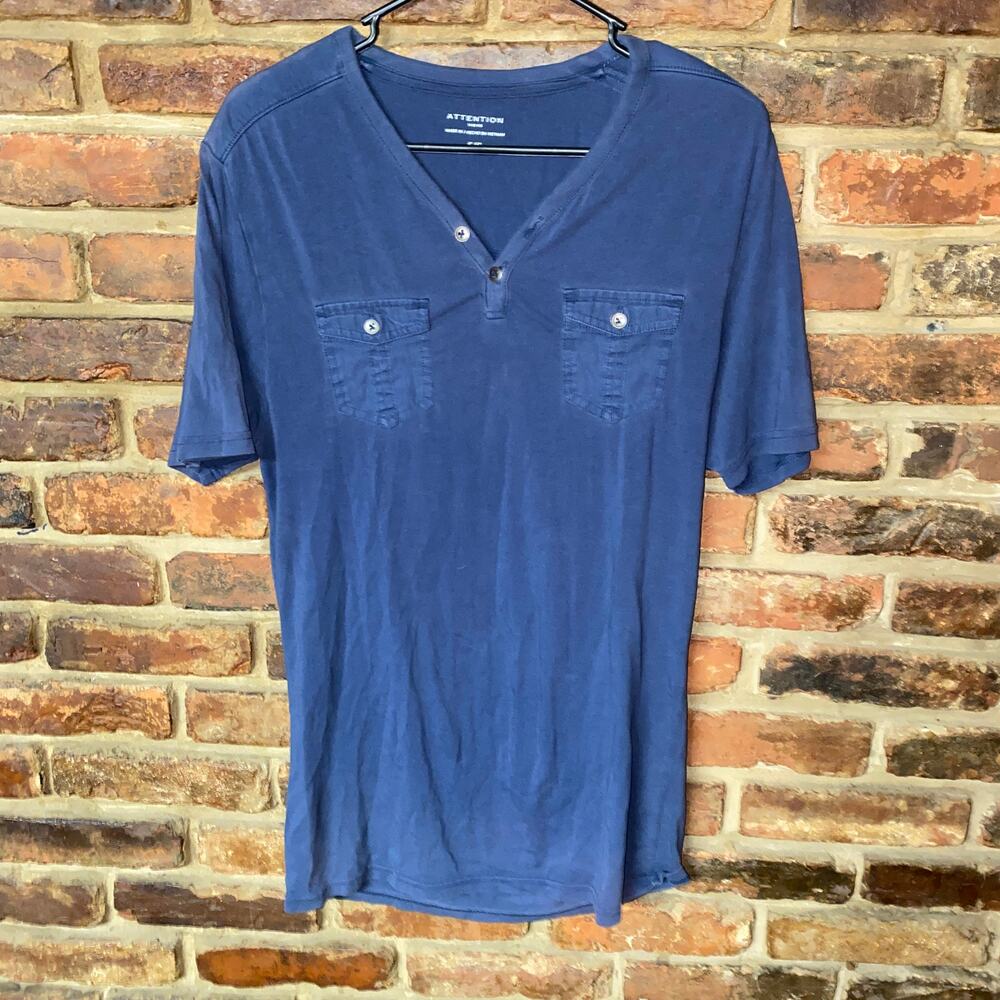 Attention Navy Blue Short Sleeve Henley Chest Pocket T-Shirt Men's Size Small